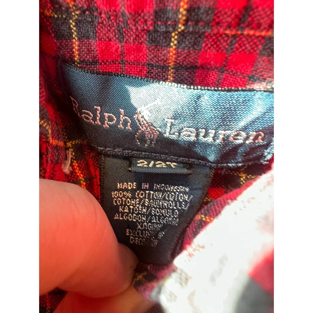 Ralph Lauren Button Down Shirt 2T Red Plaid Long Sleeve Cotton Pony Christmas